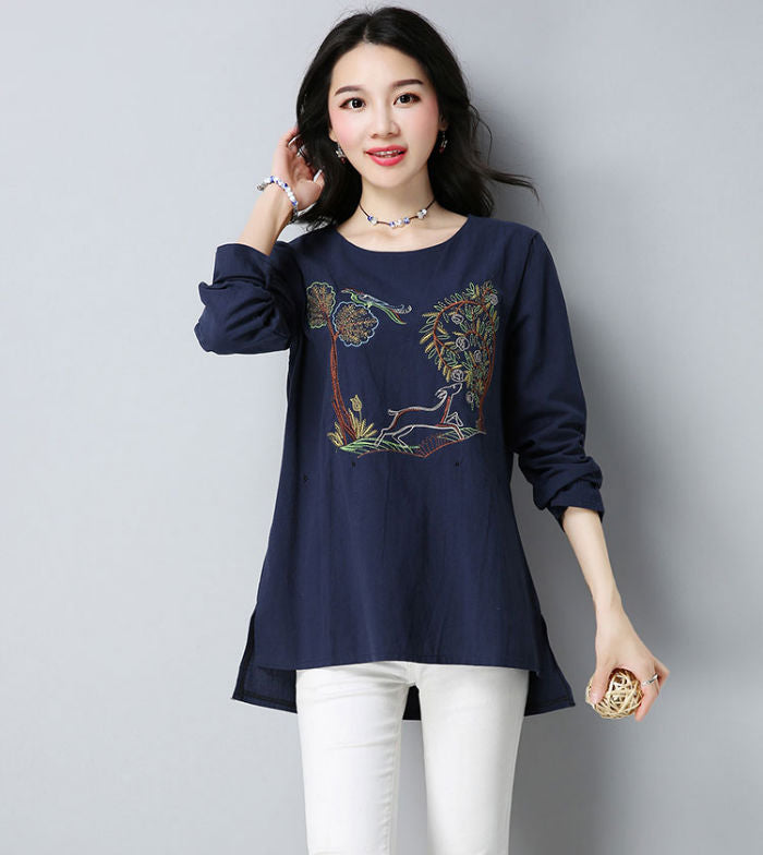 Cotton Long Sleeves Embroidery Tree Blouse