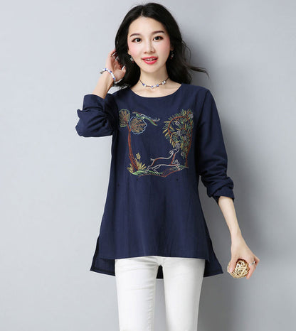 Cotton Long Sleeves Embroidery Tree Blouse