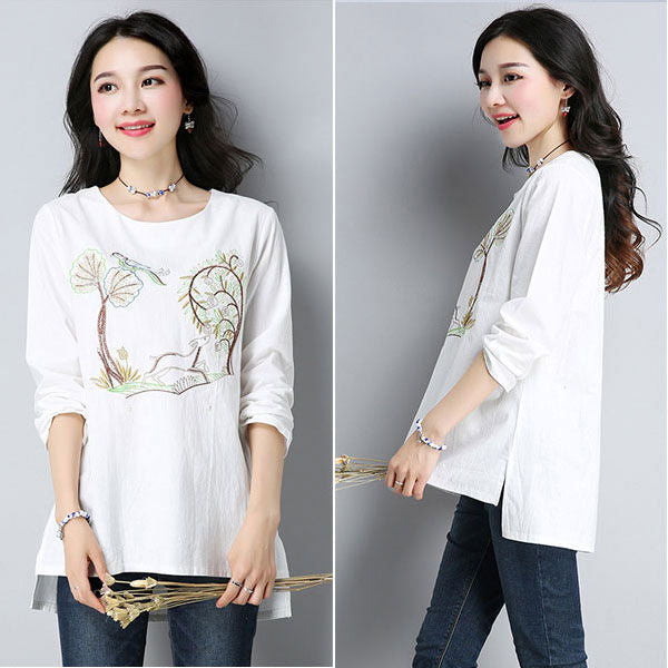 Cotton Long Sleeves Embroidery Tree Blouse