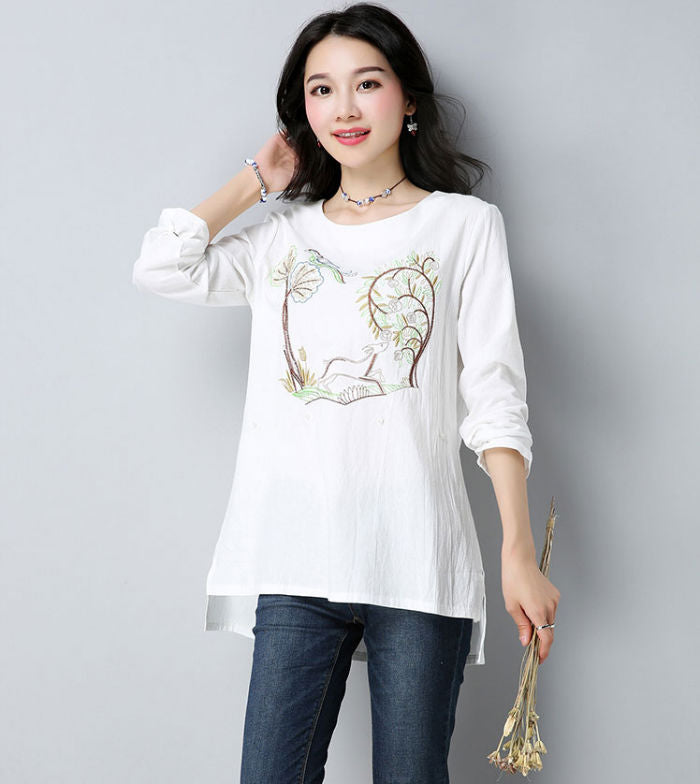 Cotton Long Sleeves Embroidery Tree Blouse