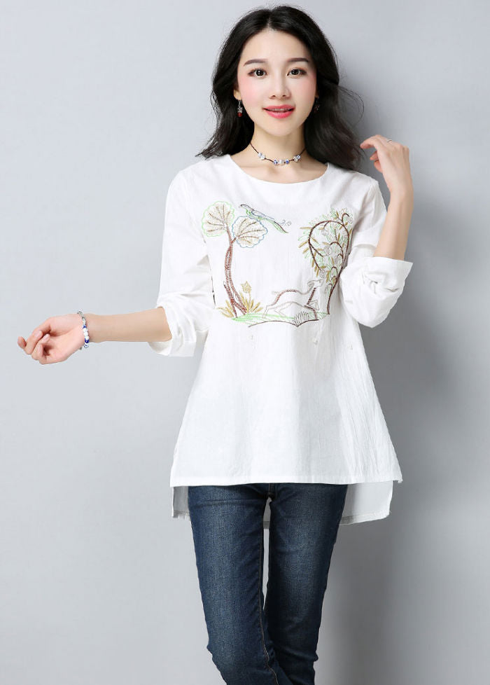 Cotton Long Sleeves Embroidery Tree Blouse