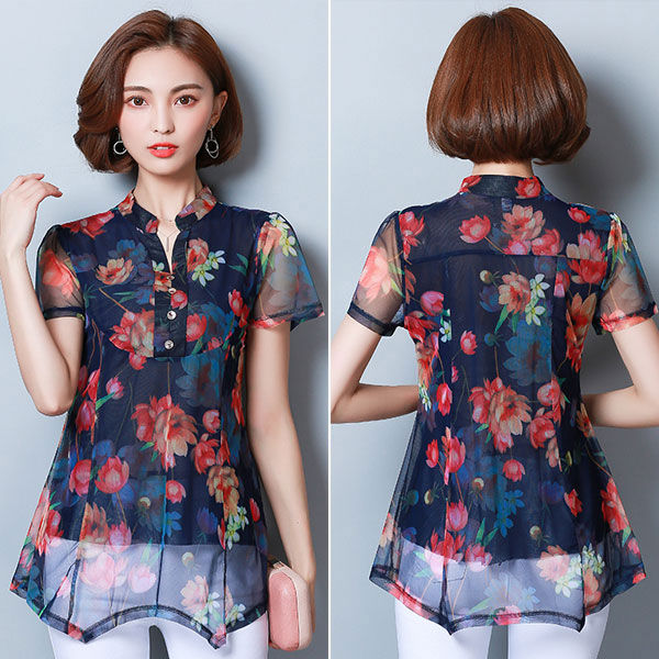 Flower Short Sleeves Chiffon V Neck Chinese Style Blouse