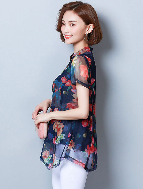 Flower Short Sleeves Chiffon V Neck Chinese Style Blouse