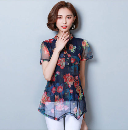 Flower Short Sleeves Chiffon V Neck Chinese Style Blouse