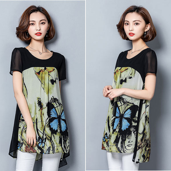 Butterfly Short Sleeves Chiffon Woman Shirt Korean Style