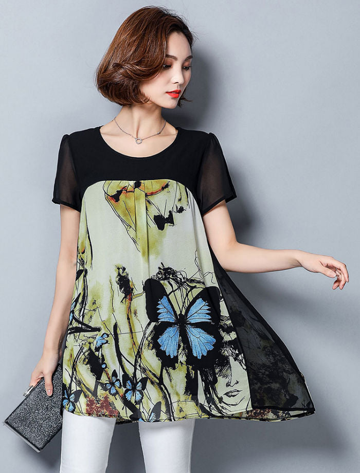 Butterfly Short Sleeves Chiffon Woman Shirt Korean Style