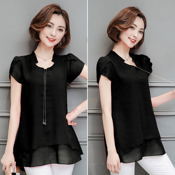 Short Sleeves V Neck Double Layer Blouse