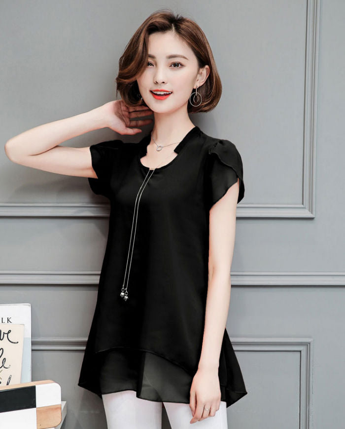 Short Sleeves V Neck Double Layer Blouse