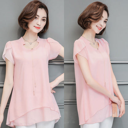 Short Sleeves V Neck Double Layer Blouse