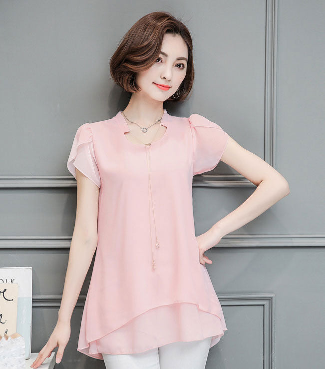 Short Sleeves V Neck Double Layer Blouse