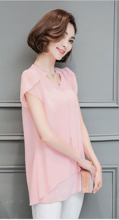 Short Sleeves V Neck Double Layer Blouse