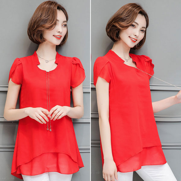 Short Sleeves V Neck Double Layer Blouse