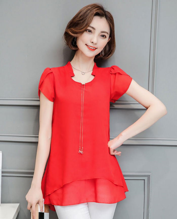 Short Sleeves V Neck Double Layer Blouse