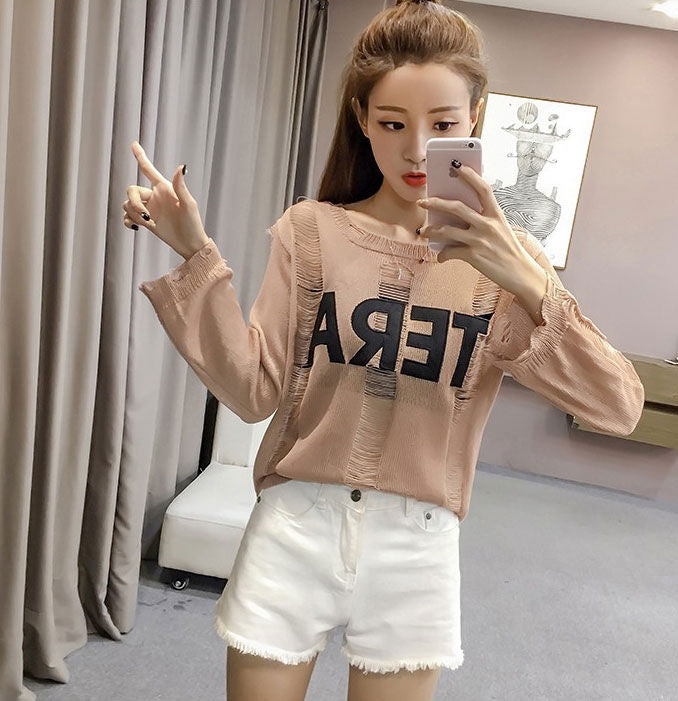 Long Sleeves Knitting Ripped Modern Style Sweater