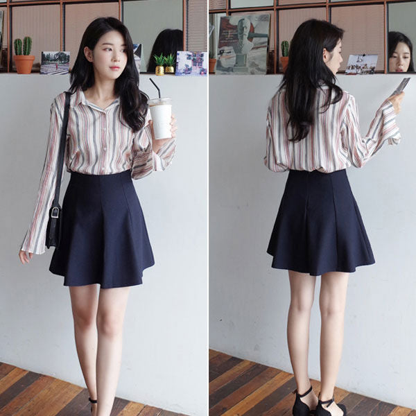 Long Sleeves Trumpet Collar Striped Shirt