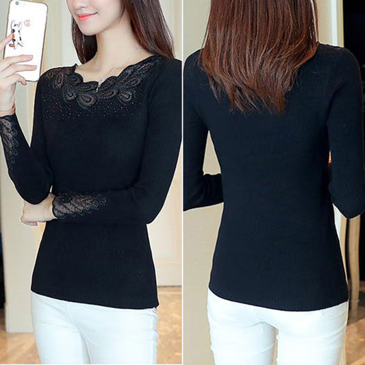 Long Sleeves Lace Transparant Neckline Sweater