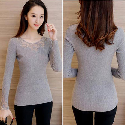 Long Sleeves Lace Flower Transparant Neckline Sweater