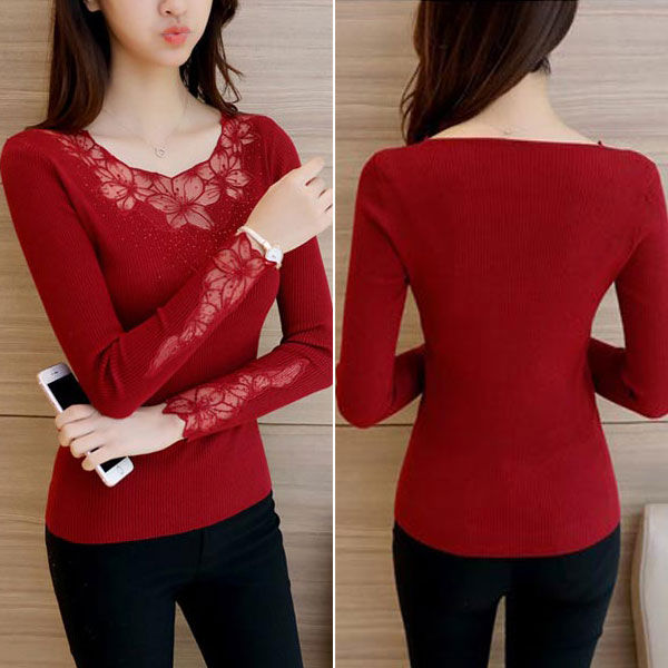 Long Sleeves Lace Flower Transparant Neckline Sweater