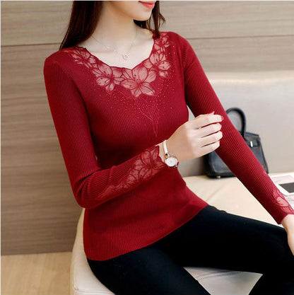 Long Sleeves Lace Flower Transparant Neckline Sweater