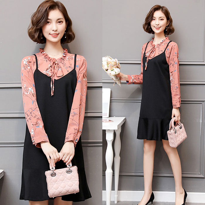 Dress Wanita Pink Bunga Lengan Panjang Dress Hitam