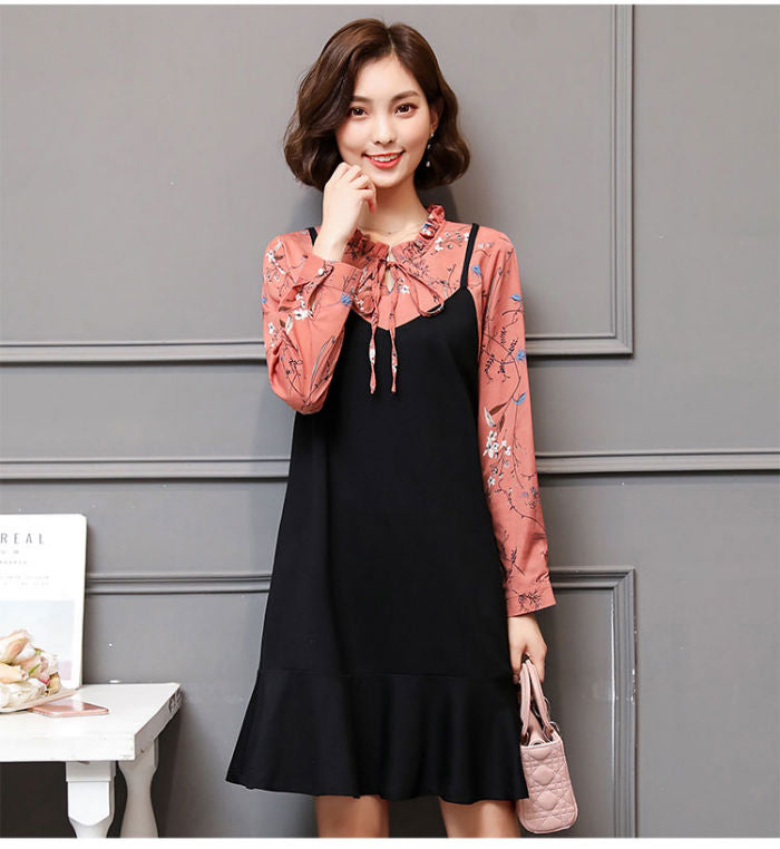 Dress Wanita Pink Bunga Lengan Panjang Dress Hitam