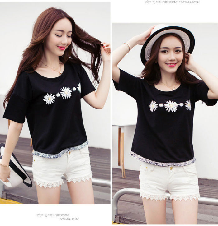 Atasan Wanita Kaos Bunga Daisy Lengan Pendek Import