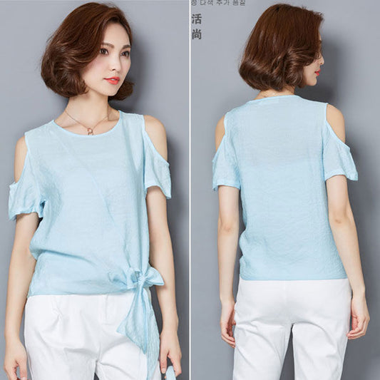 Blouse Short Sleeves Dew Shoulder Ribbon Bottom