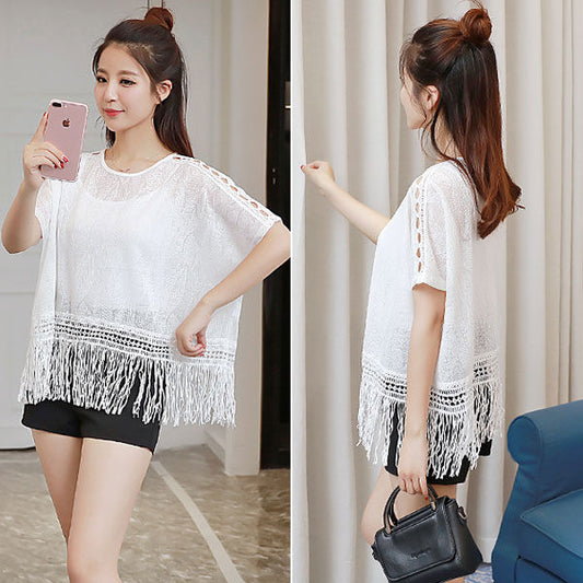 Bat Sleeves Lace Hollow Tassel Shirt