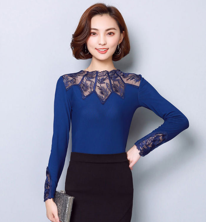 Shirt Long Sleeves Lace Transparant Neckline Korean