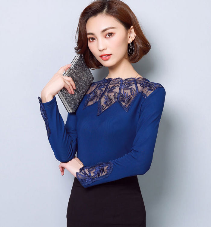 Shirt Long Sleeves Lace Transparant Neckline Korean