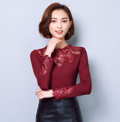 Shirt Long Sleeves Lace Transparant Neckline Korean