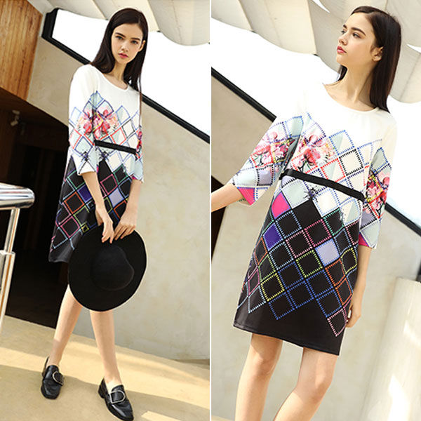 Dress Geometry Flower 3/4 Sleeves Korean Style