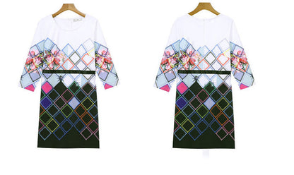 Dress Geometry Flower 3/4 Sleeves Korean Style