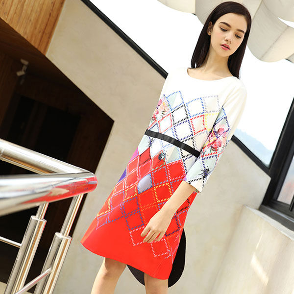 Geometry Flower 3/4 Sleeves Korean Style Dress