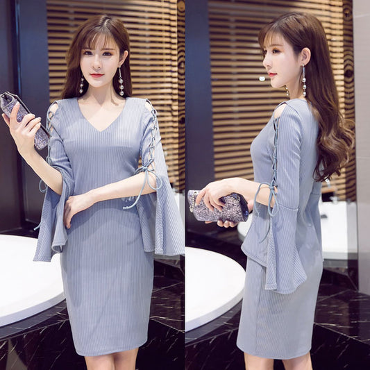 Gaun Pesta Wanita Dress Lengan Pita Lubang Style Korea