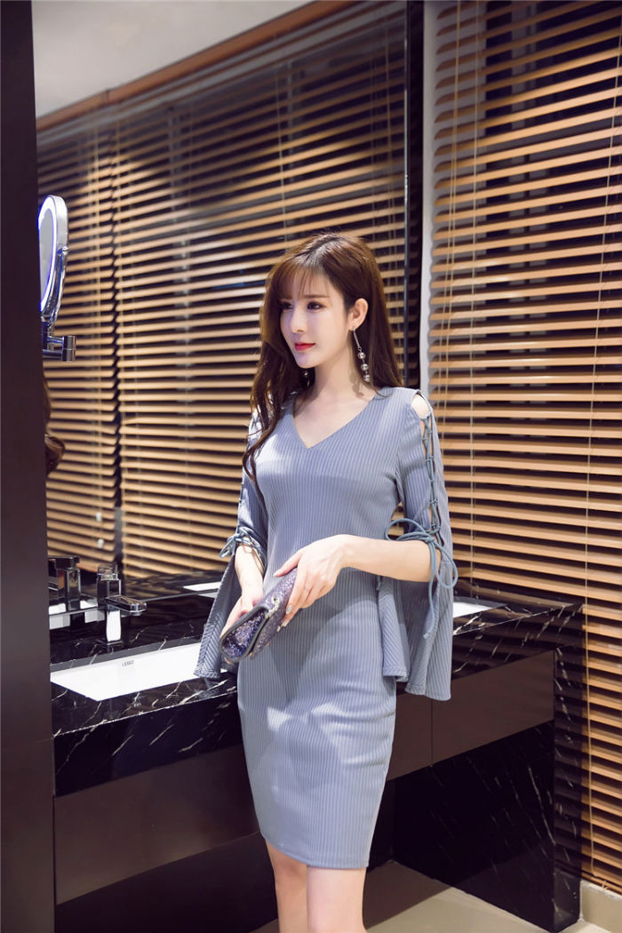 Gaun Pesta Wanita Dress Lengan Pita Lubang Style Korea