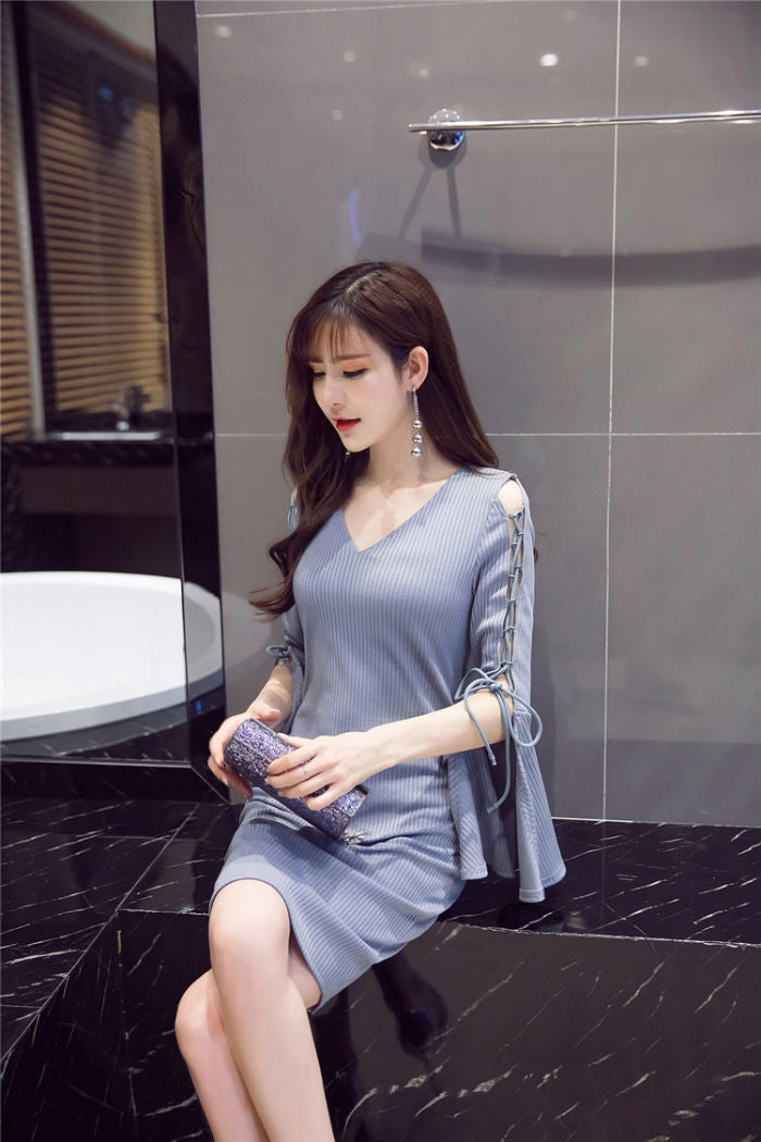 Gaun Pesta Wanita Dress Lengan Pita Lubang Style Korea