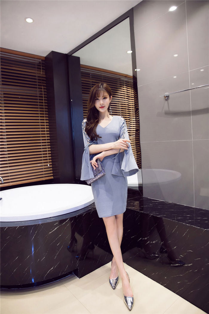 Gaun Pesta Wanita Dress Lengan Pita Lubang Style Korea