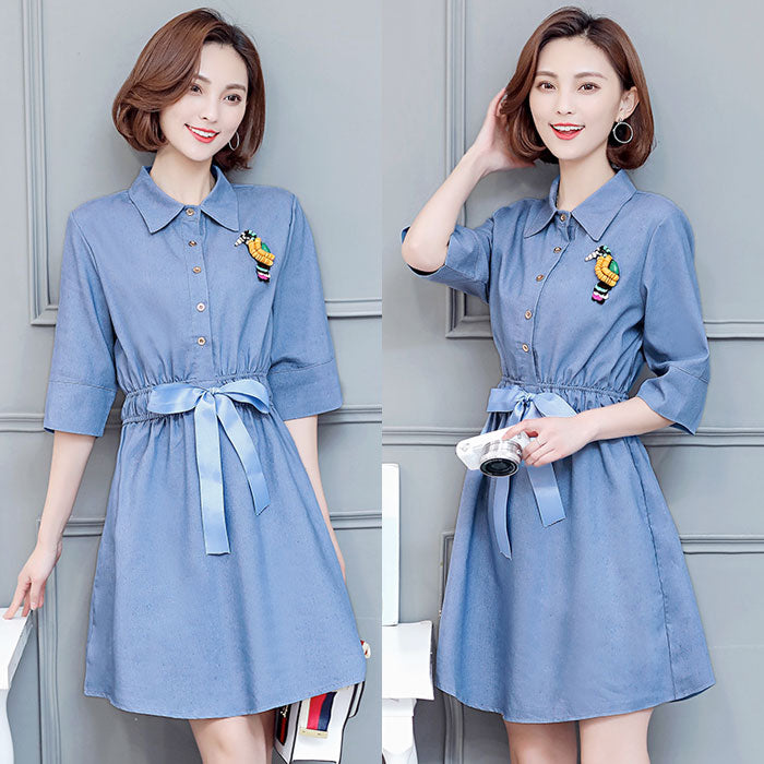 Dress Wanita Jeans Manik Burung Pita Pinggang Import