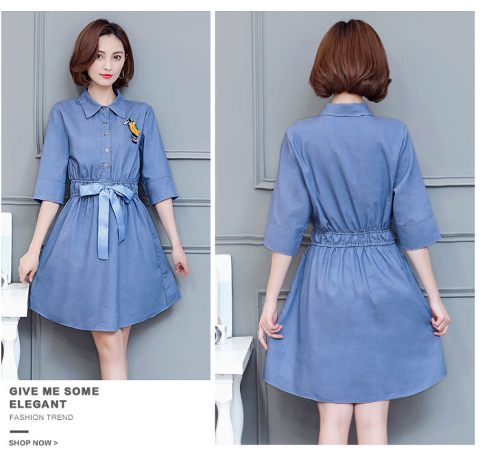 Dress Wanita Jeans Manik Burung Pita Pinggang Import