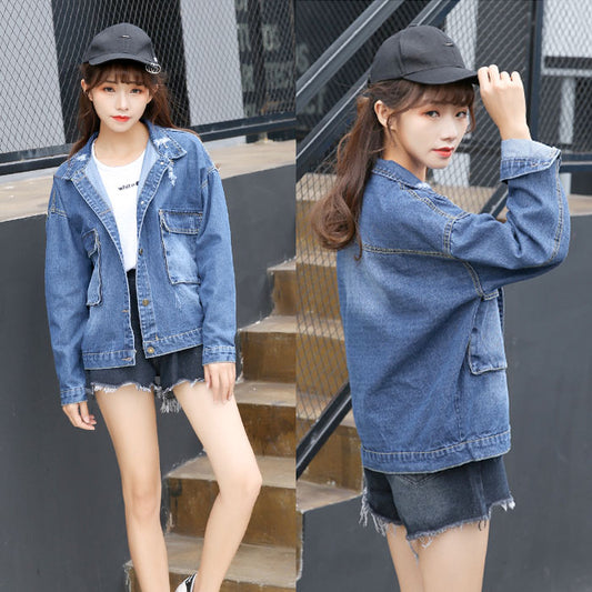 Jacket Wanita Jeans Biru Lengan Panjang Sobek Robek Modern