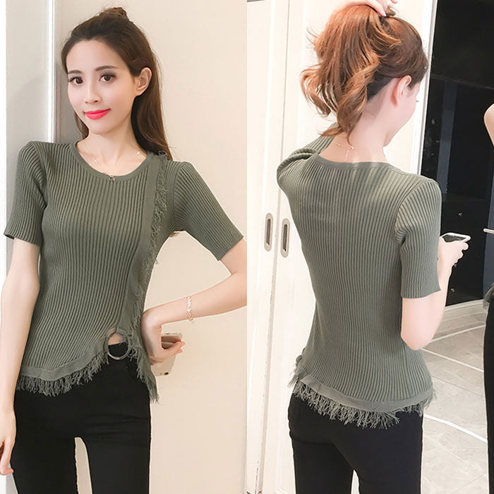 Atasan Wanita Sweater Rajut Lengan Pendek Rumbai