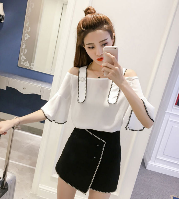 Blus Wanita Sabrina Lengan Terompet Fashion Import