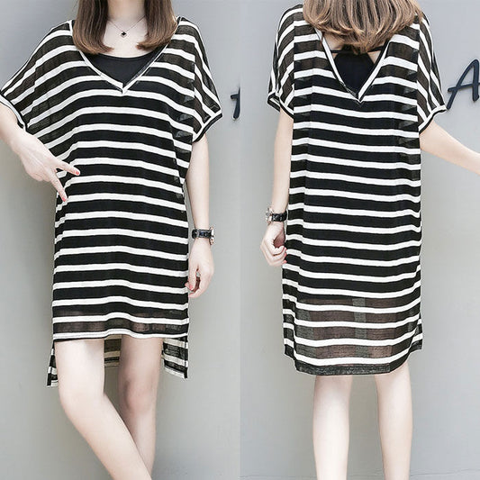 Dress Wanita Hitam Putih Garis Garis Leher V Lengan Pendek