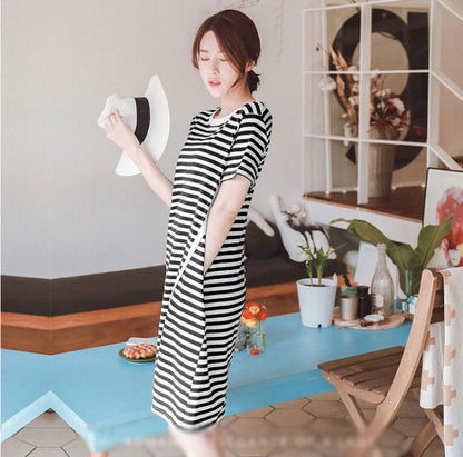 Dress Kaos Wanita Garis Salur Lengan Pendek Import