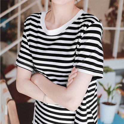 Dress Kaos Wanita Garis Salur Lengan Pendek Import