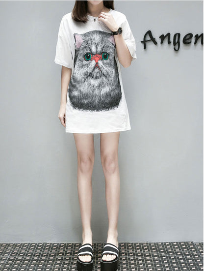 Dress Wanita Kaos Putih Kucing Hitam Lengan Pendek Jumbo