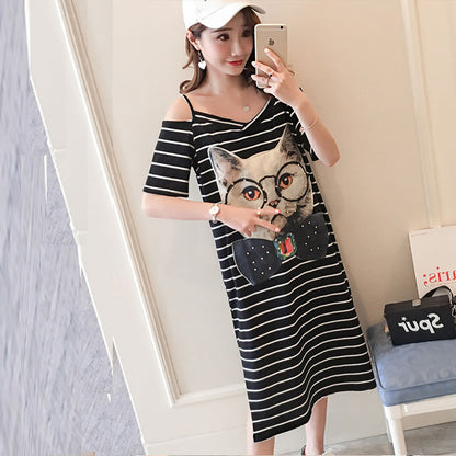 Dress Katun Garis Gambar Kucing Kacamata Dasi Lengan Pendek