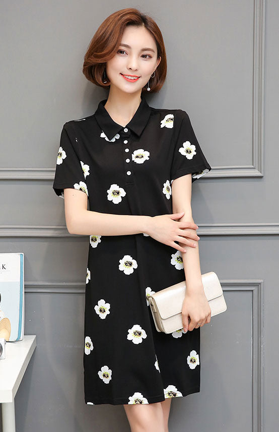 Dress Wanita Bunga Kerah Lengan Pendek Katun Import