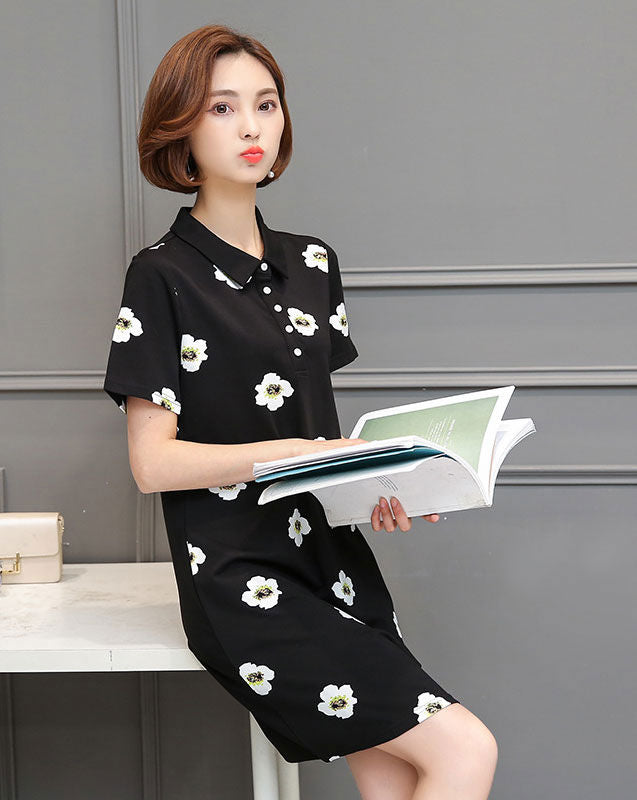 Dress Wanita Bunga Kerah Lengan Pendek Katun Import